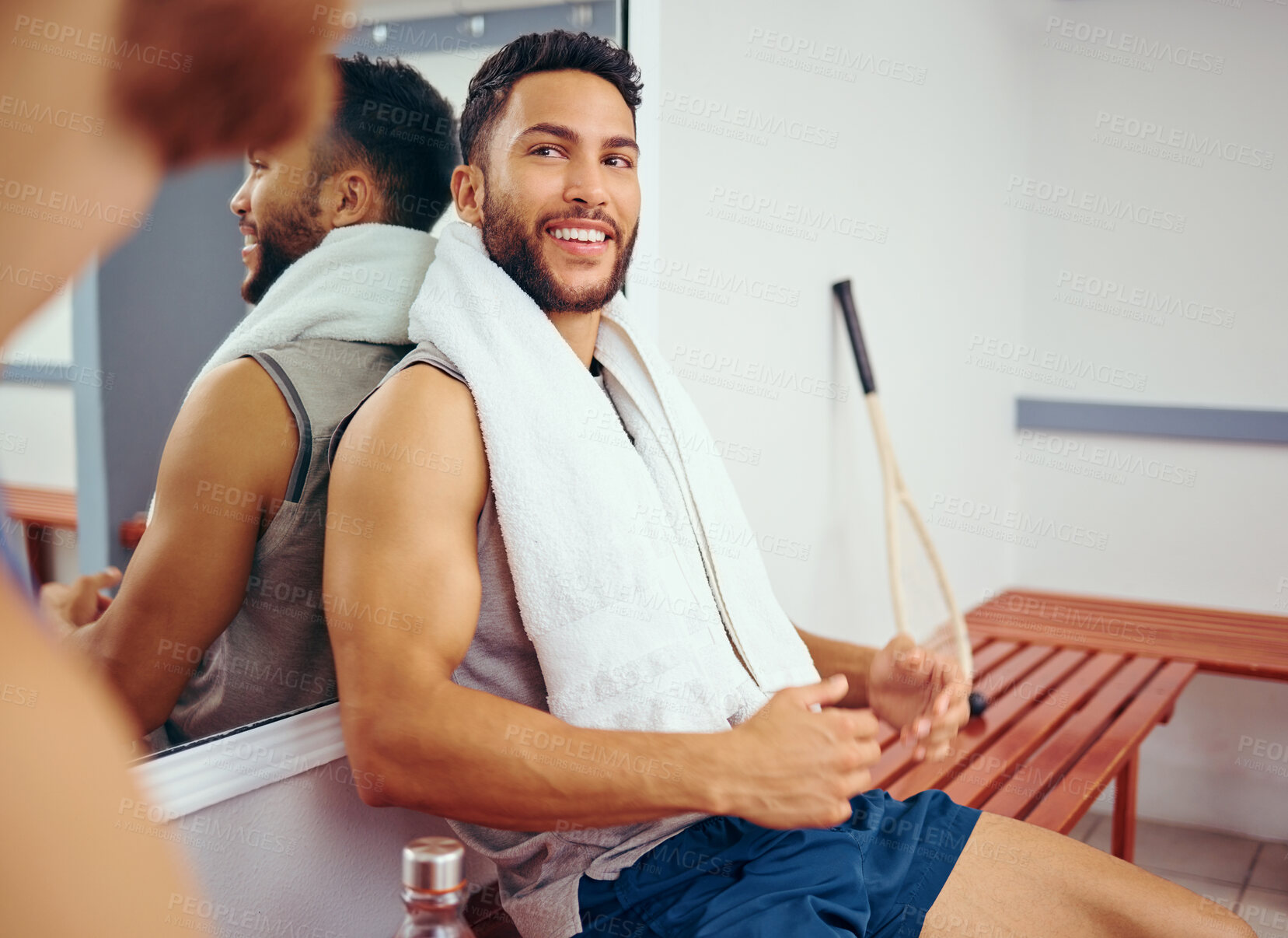 Buy stock photo Conversation, athlete and rest in gym, towel and squash player with smile, break and happy for game and healthy. Talking, relax and practice of sports for man, commitment and fitness for competition