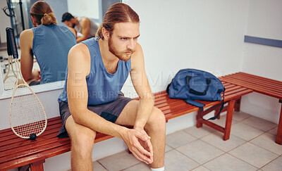 Buy stock photo Gym, man and athlete in locker room for break by squash training, practice and workout. Fitness, health and male person sitting on bench in cloakroom for racket sports exercise in activity center.