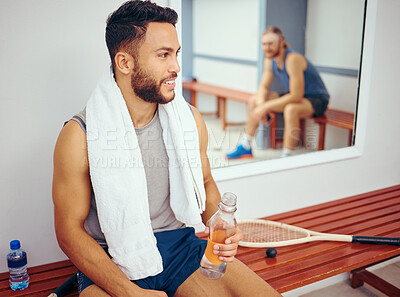 Buy stock photo Happy man, sports and game with bottle water for break, talk or match in gym locker room. Male person or players discussing, squash or friendly competition with mineral drink or rest at health club