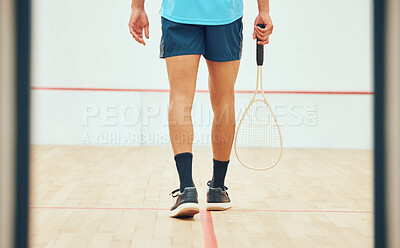 Buy stock photo Athlete, person and sports for squash exercise with racket for challenge game, training and practice skill of resilience. Active, player and fitness performance, competition and professional match 