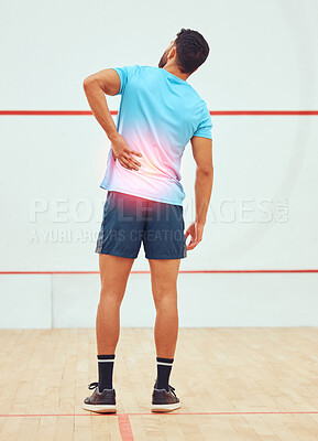 Buy stock photo Backache, athlete and man in court, pain and hurt for playing in sports, training and practice. Fitness, sportsman and suffering for tournament, squash player and injury in gym, sore and exercise