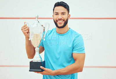 Buy stock photo Sports man, portrait smile and trophy for winning competition, challenge and success indoor court. Male athlete, happy and award for squash champion, achievement and contest or game winner in arena