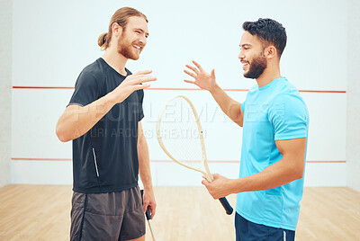 Buy stock photo High five, athlete and friends in court, smile and teamwork for playing in sports, training or practice. Fitness, sportsman and support for tournament, squash player or motivation for exercise of men