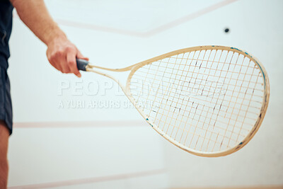 Buy stock photo Squash, closeup and man with racket, hand and sports for stress relief, fitness and exercise. Person, training and player in wellness center, game and competition with practice, workout and active