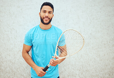 Buy stock photo Man, portrait and sports for squash exercise with racket for challenge game, training and practice skill of resilience. Athlete, male person and fitness performance, competition and match contest