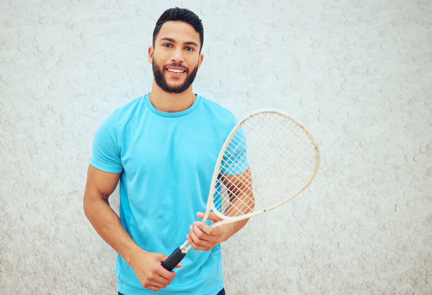 Buy stock photo Man, portrait and sports for squash exercise with racket for challenge game, training and practice skill of resilience. Athlete, male person and fitness performance, competition and match contest