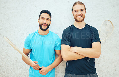 Buy stock photo Portrait, men and sports for squash exercise with racket for challenge games, training and practice fitness on court together. Athlete, people and performance support, competition and match teamwork