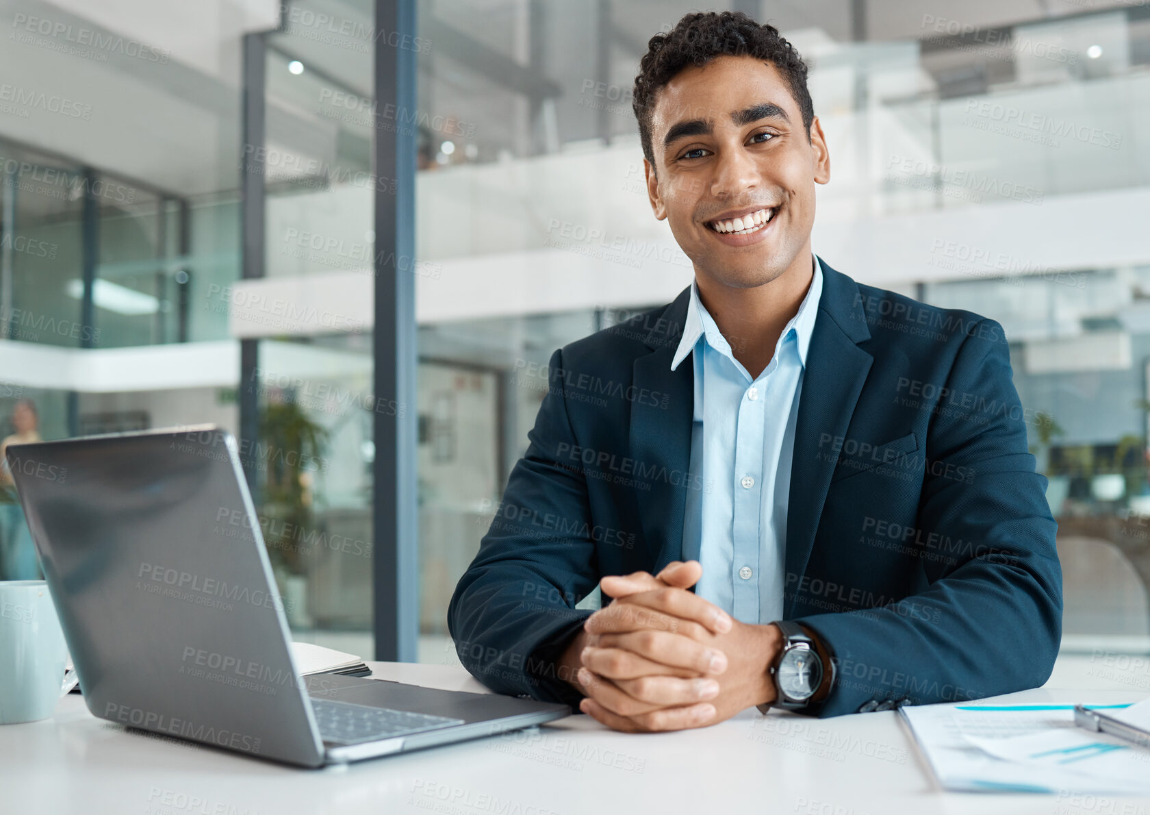 Buy stock photo Portrait, man and smile with laptop for business, research and planning for stock market at desk Financial advisor, hands and trading or happy in office for career, fintech and technology in agency