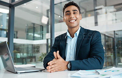 Buy stock photo Portrait, financial advisor and smile with laptop at desk for research, planning and stock market. Businessman, hands and trading or happy in office for career, fintech and technology in agency