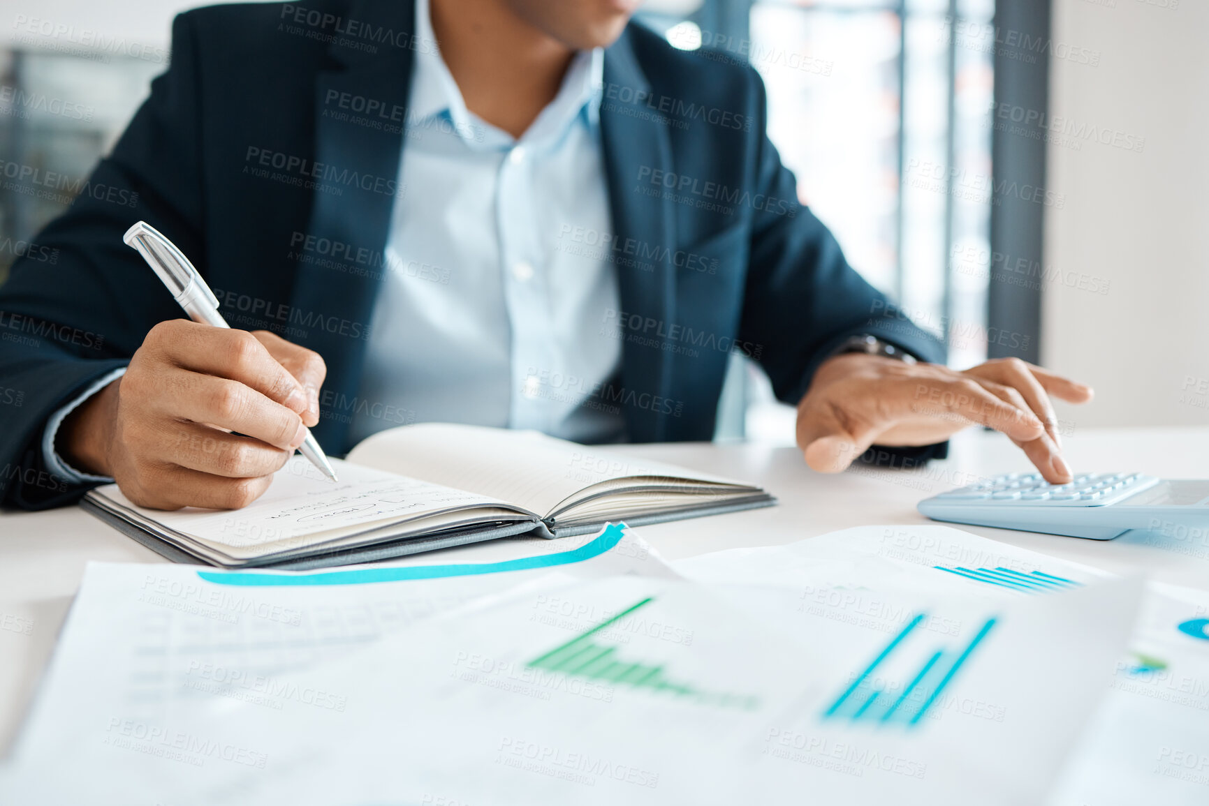 Buy stock photo Businessman, notebook and calculator with working, planning and at deadline for finance agency. Male person, busy and data analysis in office for project, accounting and metrics as financial analyst