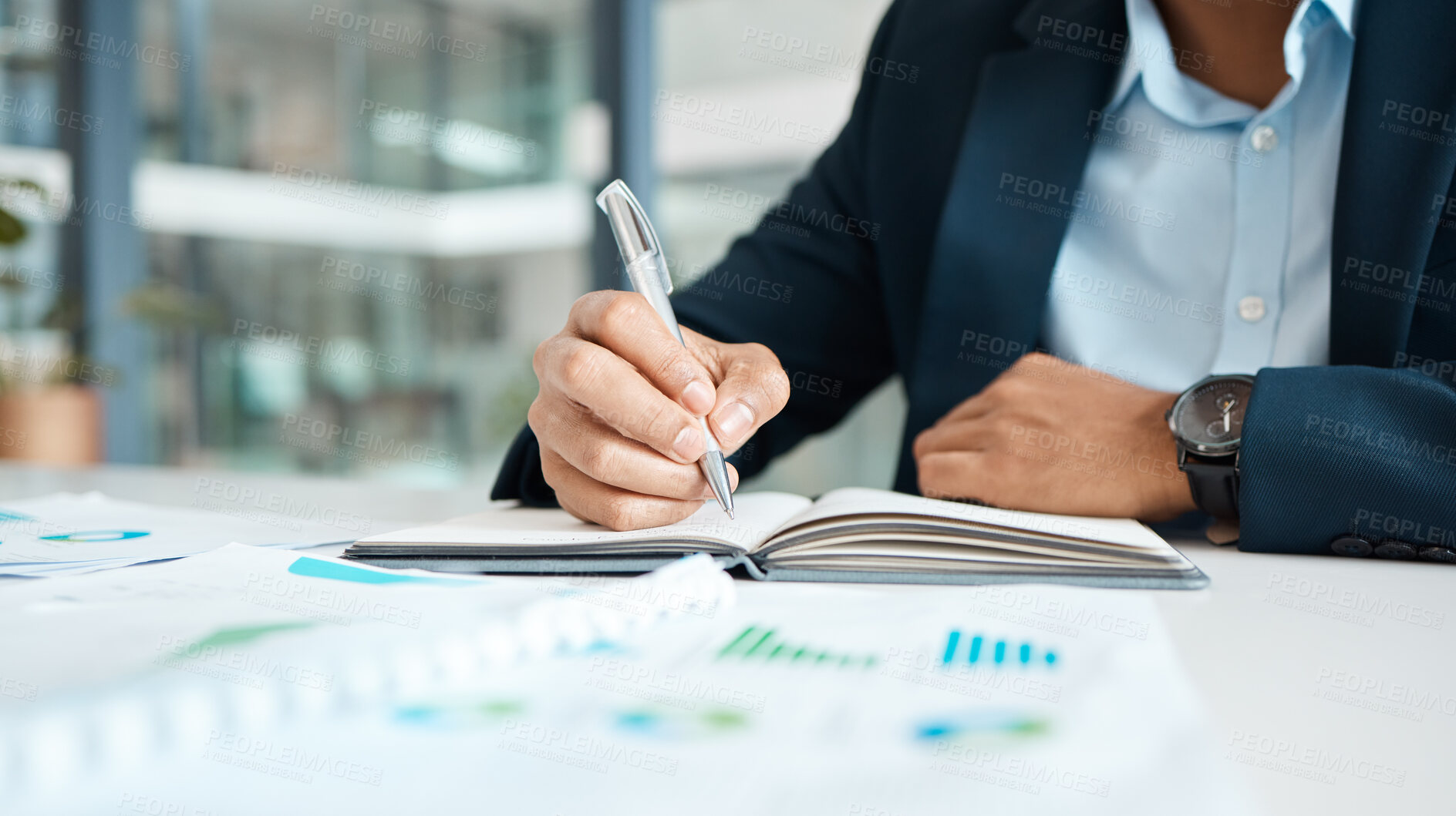 Buy stock photo Writing,  notebook and graph on desk, person and planning of proposal for meeting, closeup and accountant. Office, paperwork and bookkeeping for company, noted and businessman in agency for finance