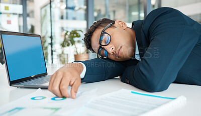 Buy stock photo Laptop, sleeping and chart on desk, man and planning of proposal for meeting, tired and accountant. Office, paperwork and bookkeeping for company, noted and business person in agency for finance