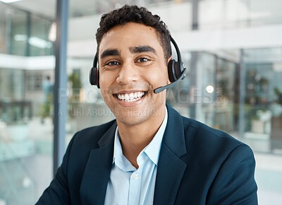 Buy stock photo Man, portrait and virtual assistant or agent in office, technical support and operator for hotline. Male person, headset and telemarketing professional for faq or insurance, call centre and service