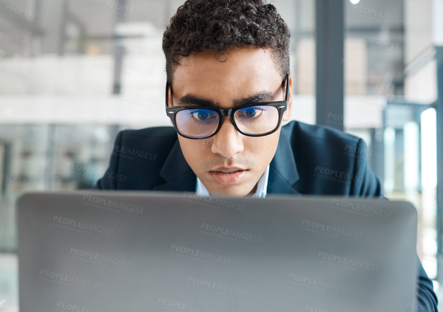 Buy stock photo Businessman, glasses and work with laptop in office for investment, research or reading trading news. Stock market, broker and thinking with technology for exchange report, cryptocurrency or feedback