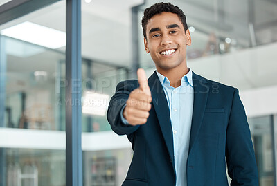 Buy stock photo Businessman, portrait and working with thumbs up, yes and vote for stock market price. Male person, happiness and excited for investment opportunity on project, trading and feedback as analyst