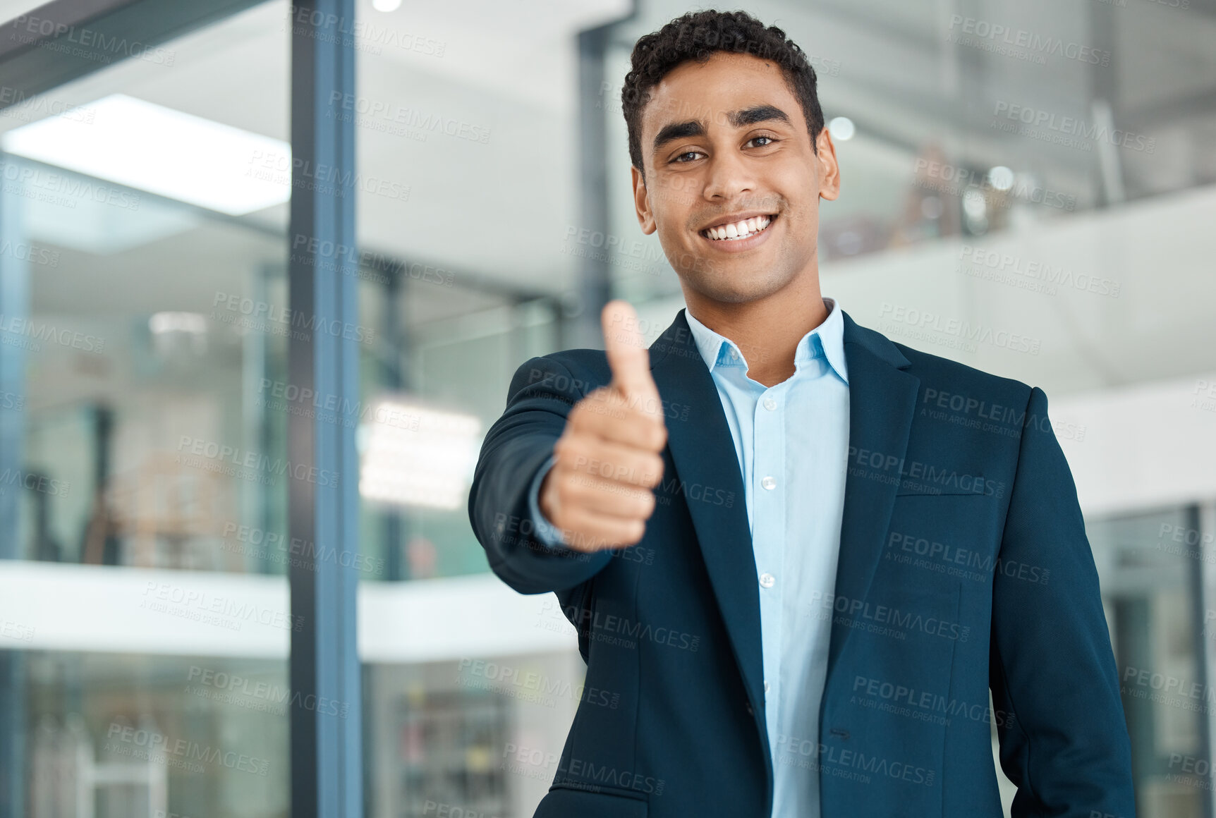 Buy stock photo Businessman, portrait and working with thumbs up, yes and vote for stock market price. Male person, happiness and excited for investment opportunity on project, trading and feedback as analyst