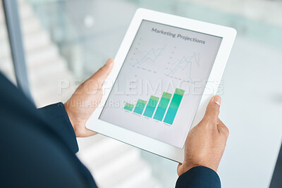 Buy stock photo Business, hands and office with graphs on tablet screen for report and review for company growth. Corporate, person and statistics for market research with feedback, results and reviews or data