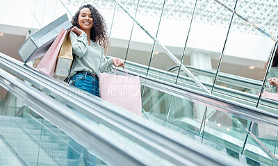 Buy stock photo Portrait, woman and shopping bag on escalator for fashion spree, discount or clothing sale, Luxury, happiness and shopper for designer store, boutique product or retail promotion purchase in mall