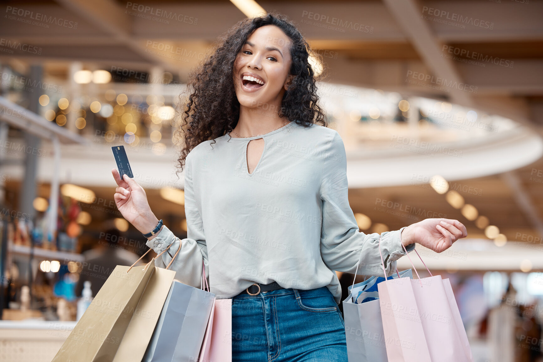 Buy stock photo Happy woman, portrait and shopping bags with credit card at mall for payment, swipe or spend money. Young female person or shopper with smile or debit for fashion, online transaction or buying spree