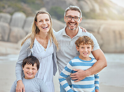 Buy stock photo Portrait, beach and family with love, hug and vacation with getaway trip, Bali and tropical island. Face, parents and mother with father, boys or kids with holiday, childhood and seaside with embrace