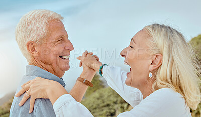 Buy stock photo Dancing, happy and senior couple in nature for travel, vacation or holiday together with bonding. Smile, love and elderly man and woman with romantic groove on retirement weekend trip in Australia.