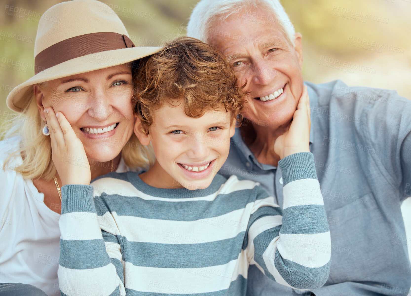 Buy stock photo Happy family, portrait of grandparents or kid at beach for summer fun, bonding or support in nature. Seniors, young boy or smile with embrace for care, relationship development and trust in Australia