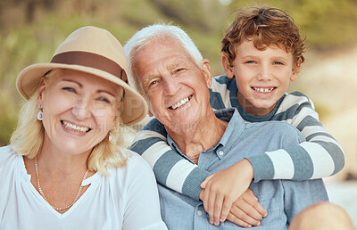 Buy stock photo Happy family, portrait of grandparents or boy at beach for summer fun, bonding or support in nature. Seniors, young kid or smile with hug for care, relationship development and trust in Australia