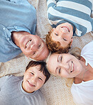 Happy caucasian grandparents lying with grandsons on a beach. Adorable, happy, children bonding with grandmother and grandfather in a garden or park outside. Family taking selfies together