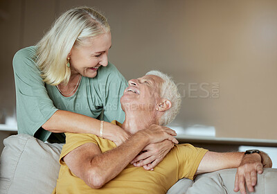 Buy stock photo Senior, couple and hug with love on sofa for retirement, relationship connection and bonding with care. Man, woman and together in family house with affection, embrace and happiness for romance.