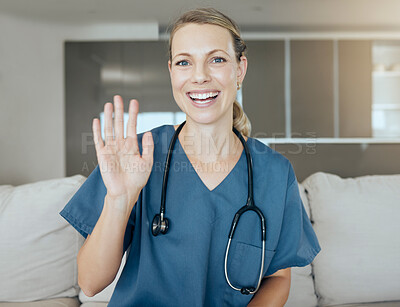 Buy stock photo Happy woman, portrait and doctor with wave on sofa for video call, greeting or telehealth at home. POV of young female person, nurse or medical employee with smile for online healthcare or advice