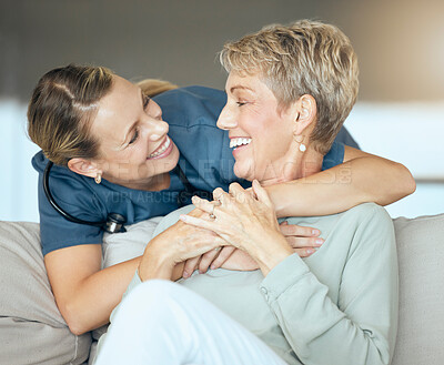 Buy stock photo Hug, support or visit with nurse and mature woman on sofa in living room of home for healthcare or occupational therapy. Laughing, medical or rehab with patient and therapist in apartment together