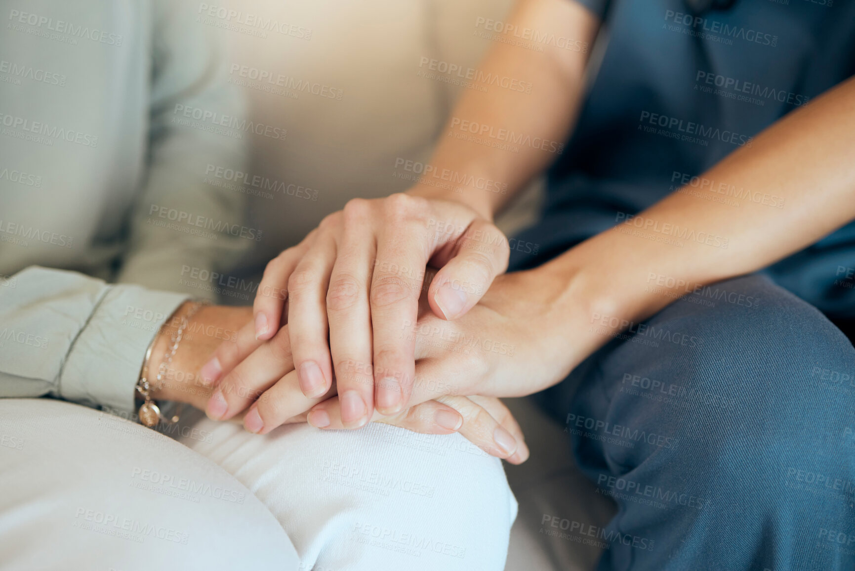 Buy stock photo Senior care, woman and nurse or hand for comfort, assisted living and nursing home or retirement support. Caregiver, elderly patient and professional, illness management and wellness service in house