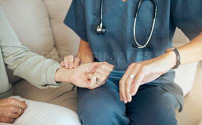 Buy stock photo Hands, nurse and check heart rate on wrist with patient for healthcare, wellness or high blood pressure. Watch, people or pulse for medical test, time or count beats for cardiology treatment in home