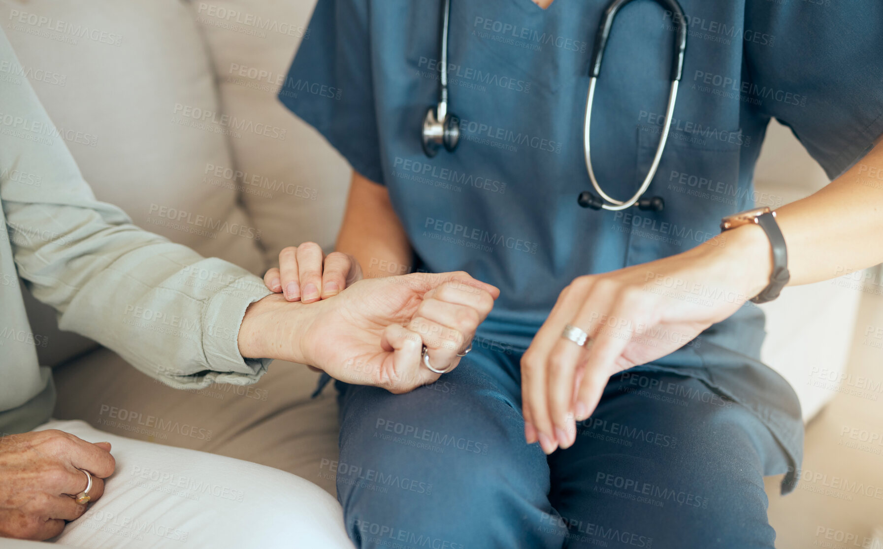 Buy stock photo Hands, nurse and check heart rate on wrist with patient for healthcare, wellness or high blood pressure. Watch, people or pulse for medical test, time or count beats for cardiology treatment in home