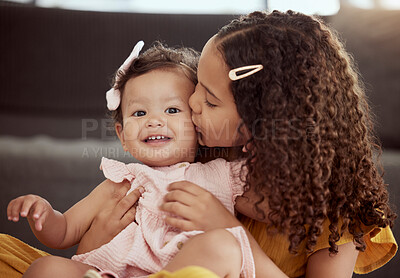 Buy stock photo Home, girls and sister with kiss in portrait for sibling connection, love and support in growth. Happy, toddler and kid with affection in living room for care, trust and bonding together on weekend