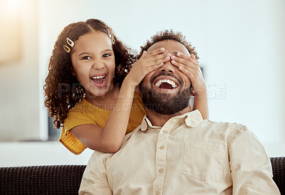 Buy stock photo Father, girl and portrait with eyes cover for fun game, bonding and playing hide or seek activity on sofa in home. Happy family, man and child with hand on face with trust, support or laugh with love