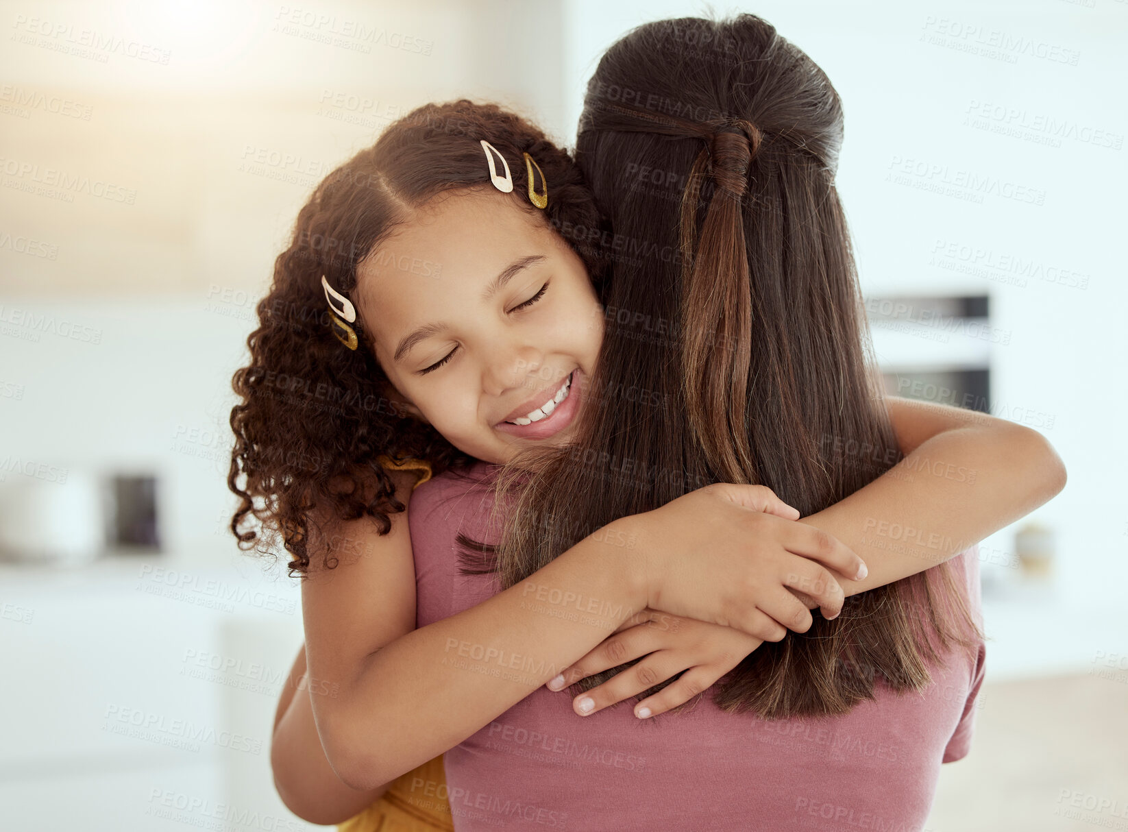 Buy stock photo Hug, mother and daughter for comfort, connection and bonding as family, together and embrace in home. Woman, young girl and affection for love, support and childcare with trust, eyes closed and happy