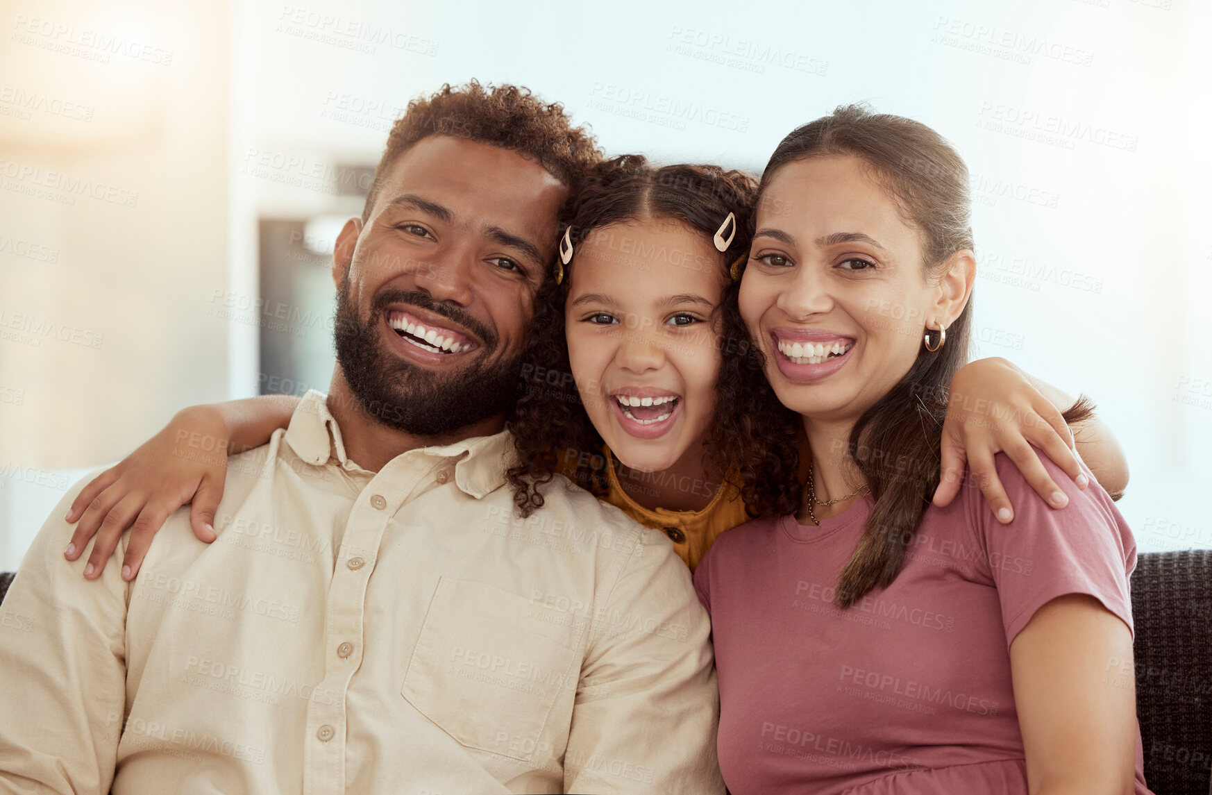 Buy stock photo Portrait, woman and daughter with man in hug, connection and comfort as family in home. Parents, young girl and affection for love, support and childcare with trust, together and happiness in bonding