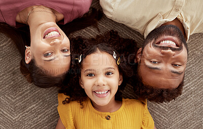 Buy stock photo Above, parents and young girl for love, support and childcare with trust, together and happy in bonding. High angle, woman and daughter with man in playful, connection and comfort as family in home