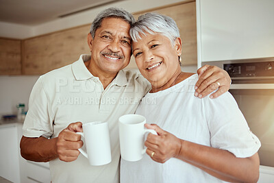 Buy stock photo Home, hug and portrait with old couple, coffee and happiness with retirement, romance and smile. Herbal tea, senior man or mature woman in kitchen, marriage or embrace with love, relationship or care