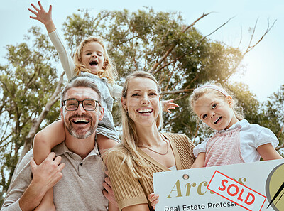 Buy stock photo Portrait, happy family and real estate sign outdoor for property sale, mortgage or investment success. Sold, parents and excited kids moving with mother, father and piggyback to celebrate relocation