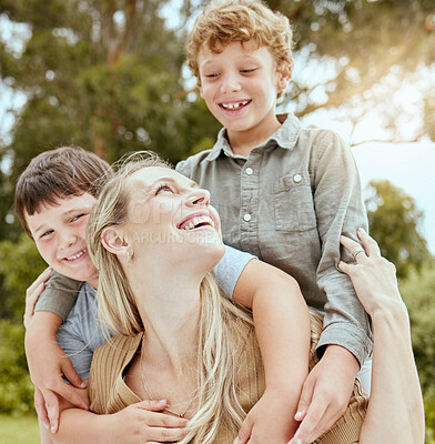 Buy stock photo Happy, mother and piggyback with children outdoor for playful game, bonding and support of love in backyard. Smile, woman and kids with trust, security and family care for hug together in nature