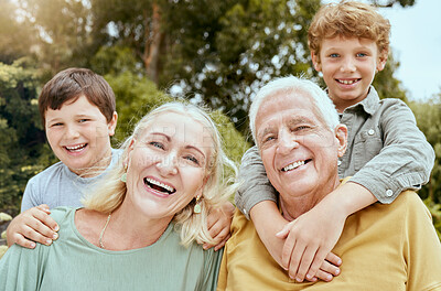 Buy stock photo Grandparents, laughing and outdoor with boys, portrait and fun with children on visit, hug and love. Family, old man and woman in park for babysitting of kids, joke and happy with youth in weekend