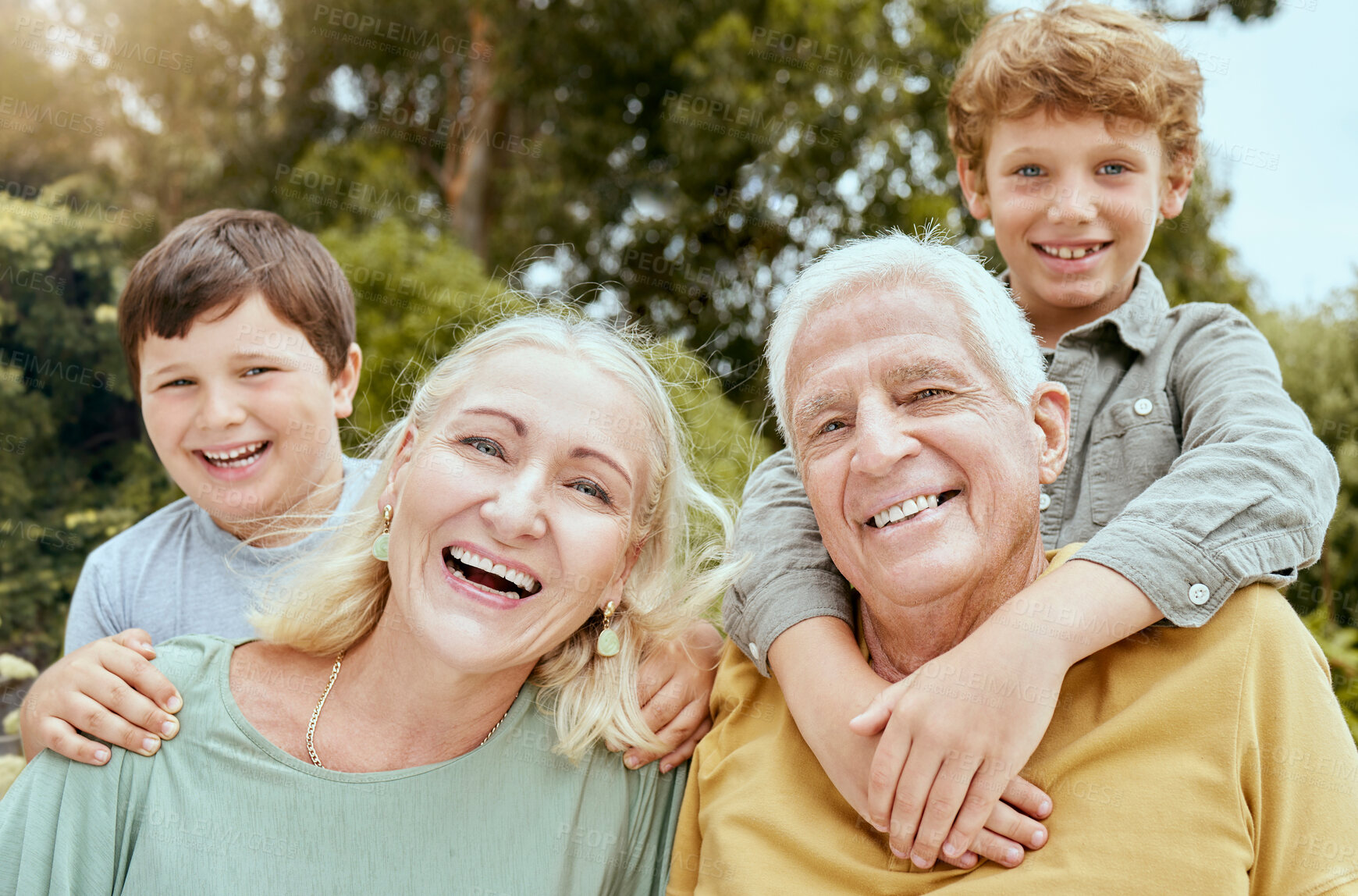 Buy stock photo Grandparents, laughing and outdoor with boys, portrait and fun with children on visit, hug and love. Family, old man and woman in park for babysitting of kids, joke and happy with youth in weekend