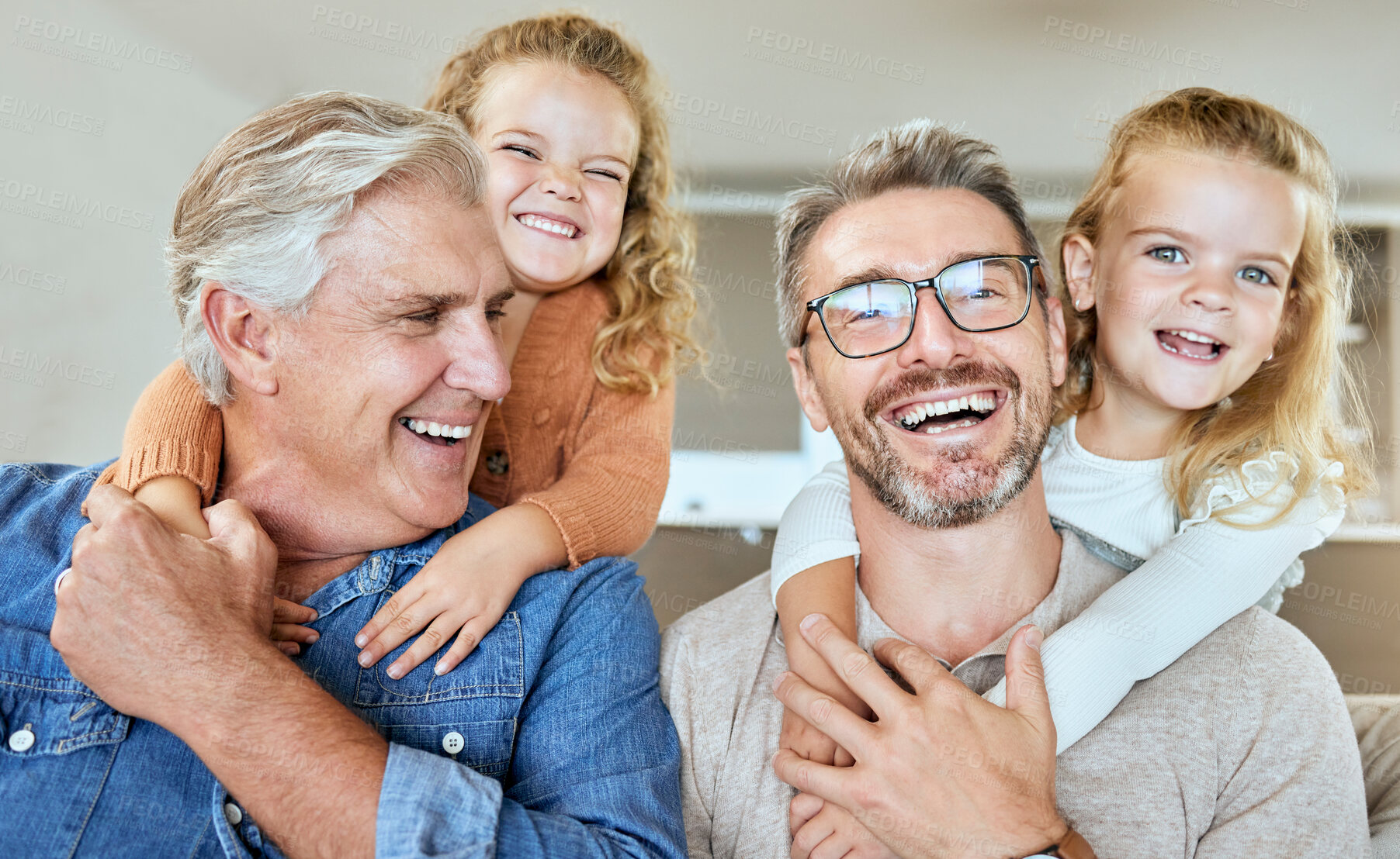 Buy stock photo Portrait, girls and dad in lounge, grandpa and bonding with twins with hug in house, love and happy. Living room, kids and father with embrace for care, glasses and children with family in apartment