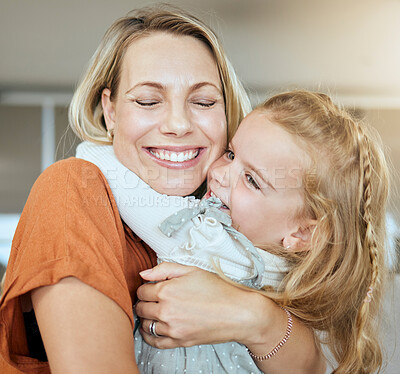 Buy stock photo Hug, daughter and smile in lounge, mom and bonding with love for girl, family and care. Home, kid and mother in living room, woman and child with embrace for youth, happy and parent with comfort