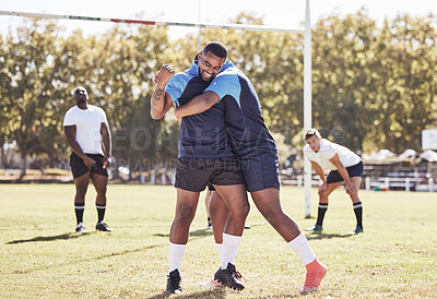 Buy stock photo Rugby, men and celebration for players with hug, score and happy in winning game. Fitness, sports and teamwork, proud guys excited for match, workout or competition on field at training club
