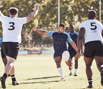 Buy stock photo Sports, drop goal and rugby team on field for training, match or skill development for try. Fitness, defense and player kick ball for scoring penalty at practice, game or tournament with opponent.