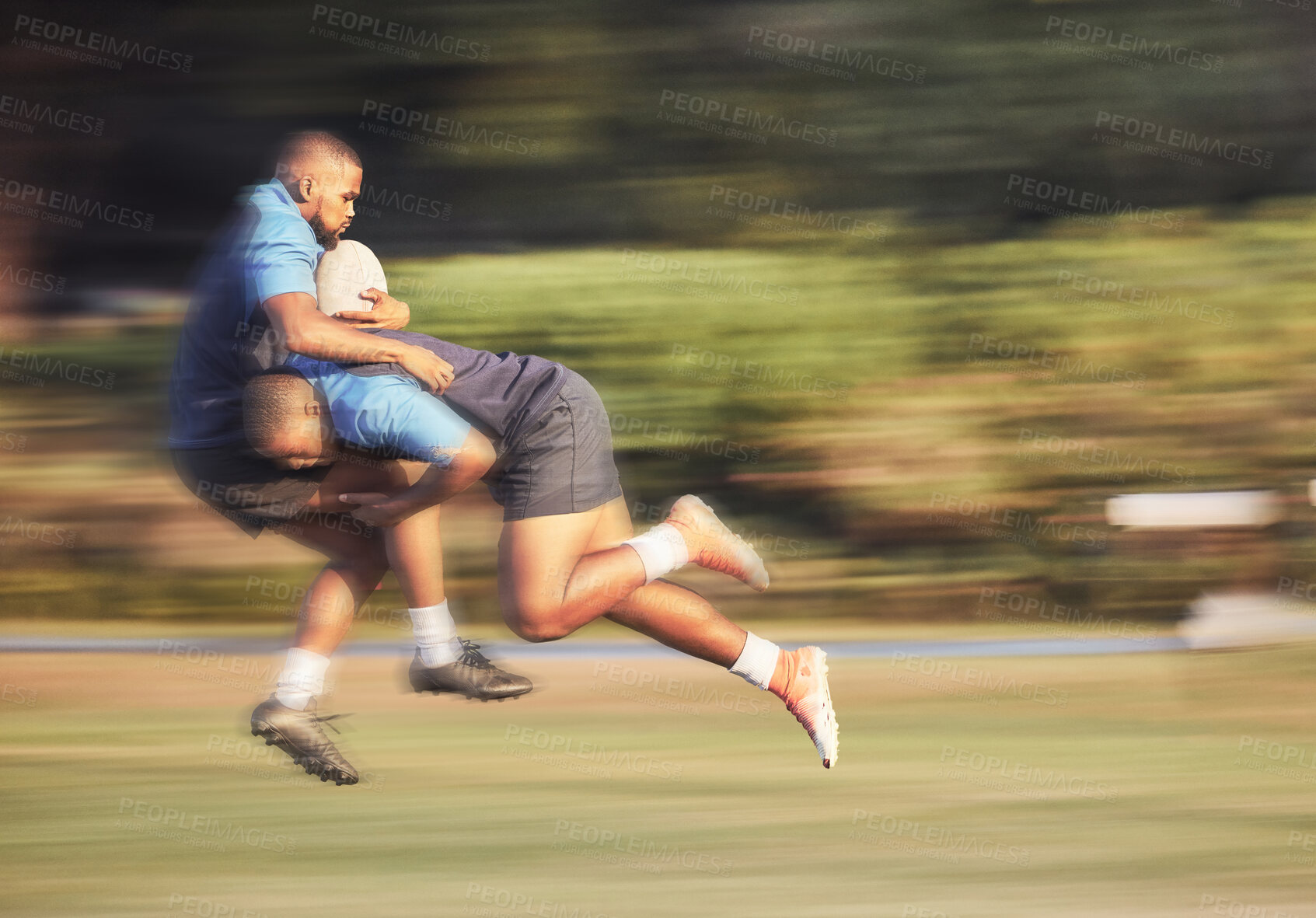 Buy stock photo Rugby, man and tackle on field for sports, performance and competition with ball for cardio. Motion or action, athlete and playing game outdoor for fitness club, exercise or training for development 