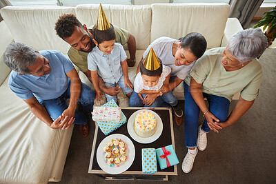 Buy stock photo Family, cake and birthday party in house with relax on sofa for bonding, support and people at fun event. Grandparents, parents and children for growth, celebration and happy with gift in top view